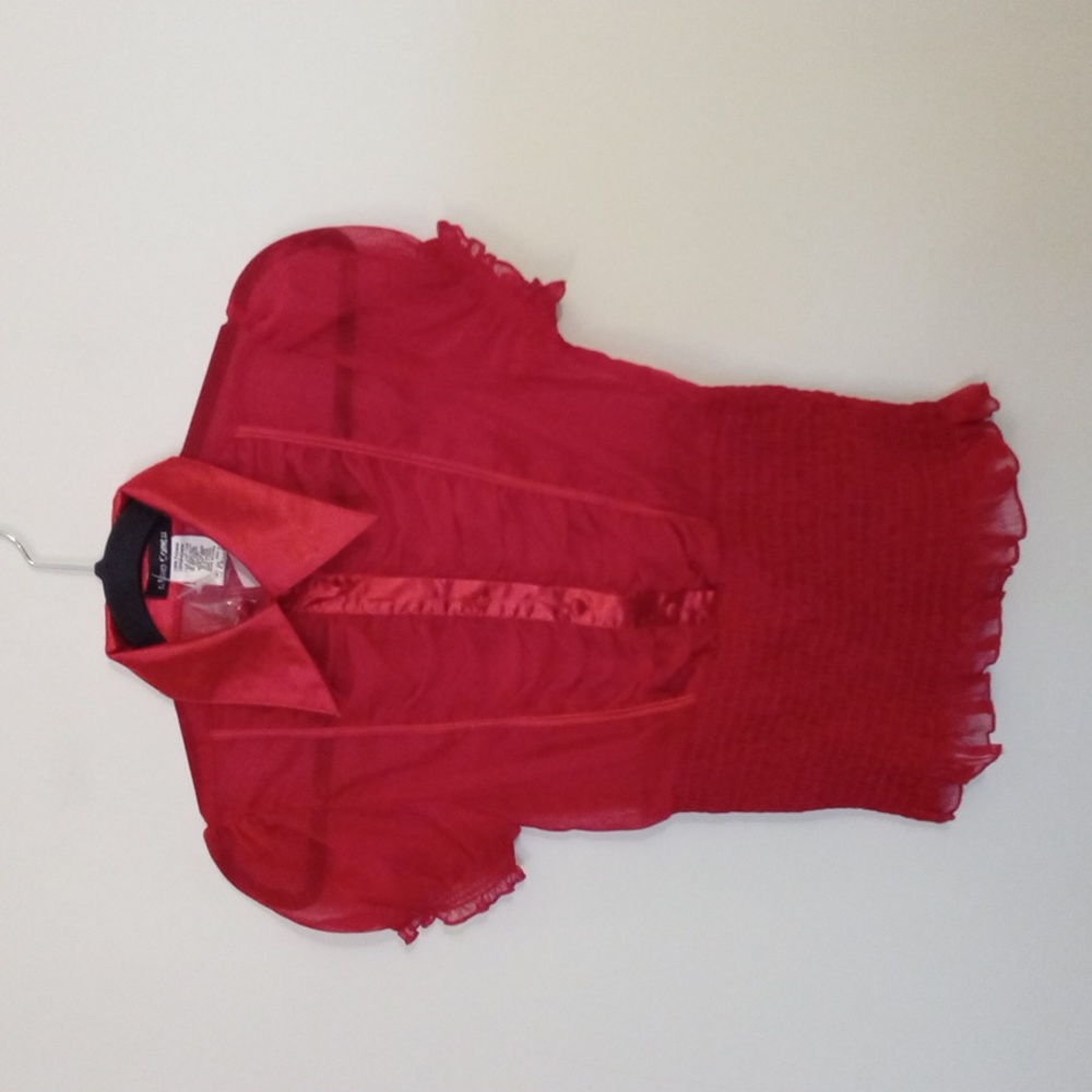 Uno Core Women's Red Smocked Ruched Sheer Blouse with Satin Collar Small